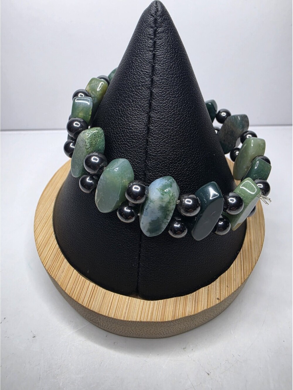 Natural Green Moss Agate & Hematite Oval Bead Stretch Bracelet